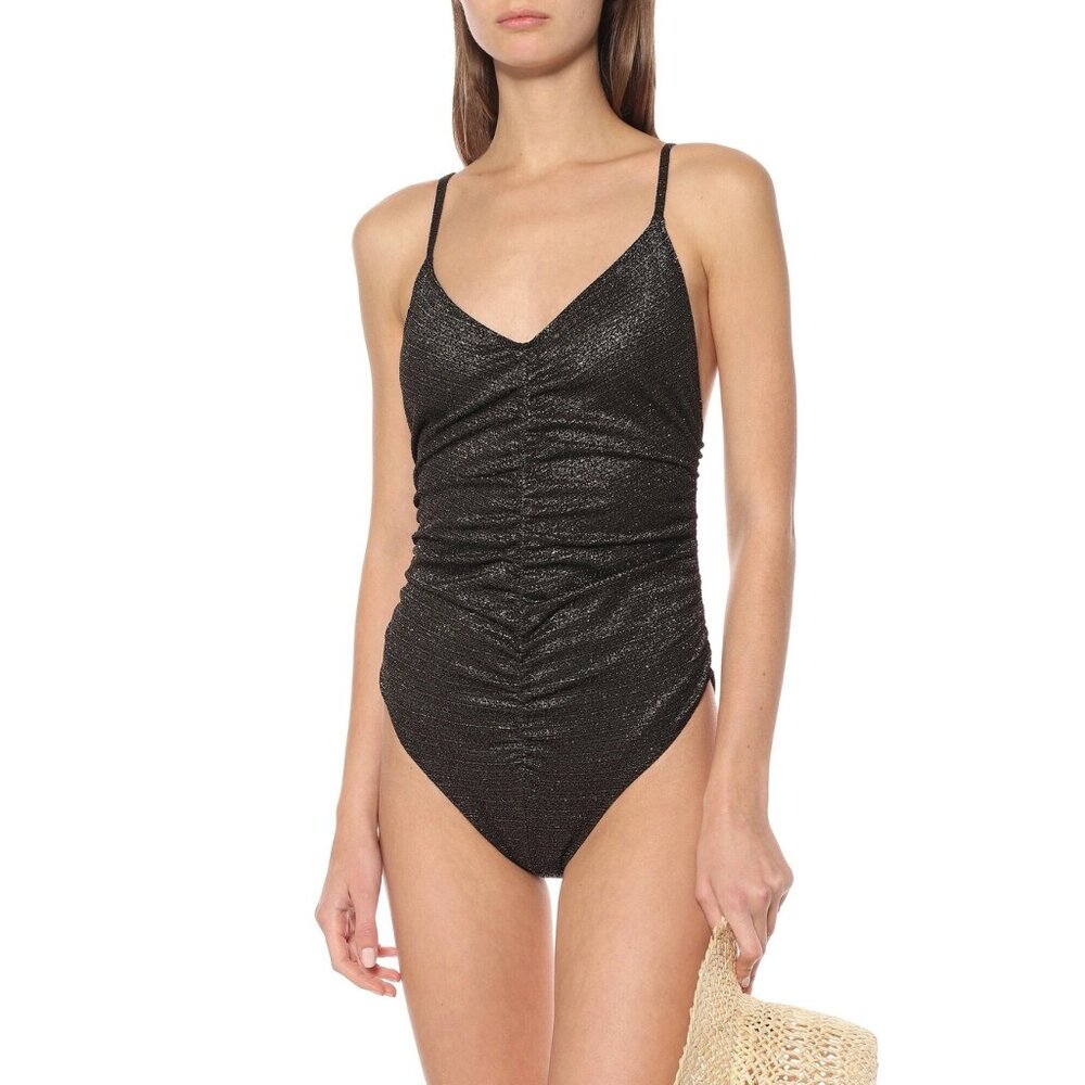 Lisa Marie Fernandez Black Shimmer Ruched One-Piece Swimsuit